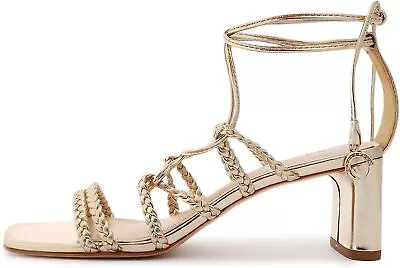 Schutz Lunah Mid Gold Strappy Lace Up Open Squared Toe Mid Block Heel Sandals • $49.95