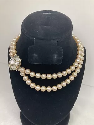 Vintage Japan Signed Two Strand Faux Ivory Pearl Necklace & Rhinestone Pendant • $19.99