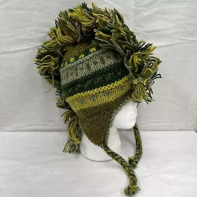 Unisex Mohawk Knit Hat Beanie Green Wool Fleece Lined Nepal Green • $19.99