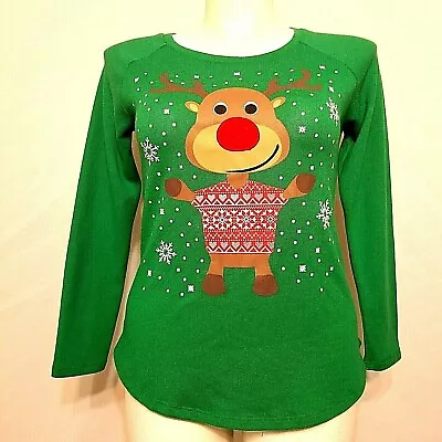 Women’s Size Small Green Christmas Holiday Sweater Red Nosed Reindeer Snow • $14.77