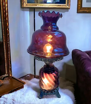 Vintage Victorian Swirled Amethyst Glass 3-way Parlor Boudoir Table Lamp Scallop • $155