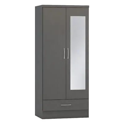 Nevada Grey 3D Effect 2 Door 1 Drawer Mirrored Double Wardrobe • £204.99