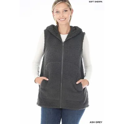 Ash Grey Gray Hooded Sherpa Zip Up Vest With Pockets NEW Large • £19.27