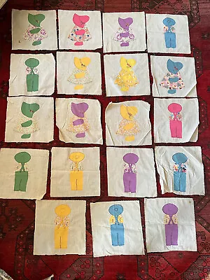 VTG 19 Hand Embroidery Hand Stitch Boy Bonnet Sue Girl Figures 12  Square Panels • $49