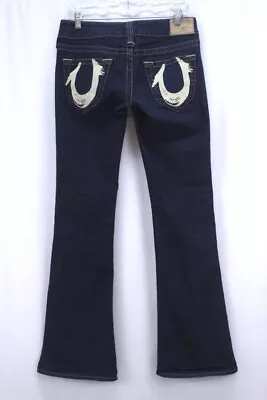 Womens Dark Wash TRUE RELIGION Jeans Painted Pockets Bootcut Flare Stretch 27 R • $30.99