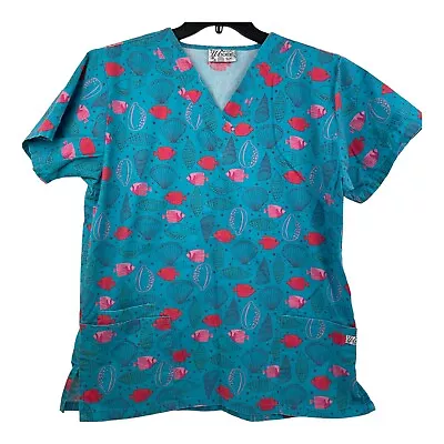 UA Scrubs Scrub Top Womans Medium Blue With Pink Fish Shirt Has Pockets • $7.90