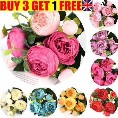 £1.99 • Buy 9 Heads Artificial Flowers Silk Peony Bouquet Rose Wedding Home Party Decor.