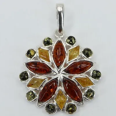 Natural Multi-Color BALTIC AMBER Round Star Pendant 925 STERLING SILVER #1408 • $41.47