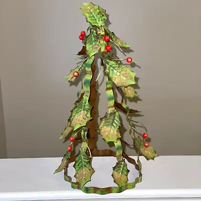 RARE Vintage 90s Pier 1 Tabletop Christmas Tree Hammered Metal Holly Leaves 18  • $29.99