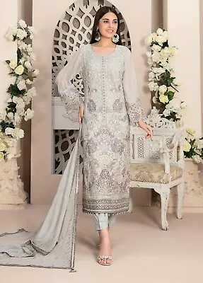 Pakistani Designer Embroidered Chiffon Suit Unstitched 3 PC Women Shalwar Kameez • £31.99