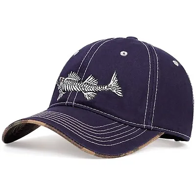 Blue/Camo Embroidered Fish Skeleton Peaked Baseball Cap Hip-Hop Snapback Hat   D • £12.99