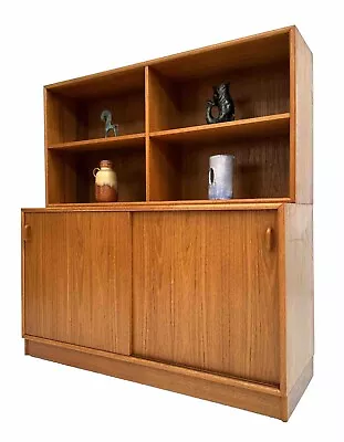 Danish Vintage Retro Teak Bookcase  Cupboard Shelves Sliding Door Sideboard • £245