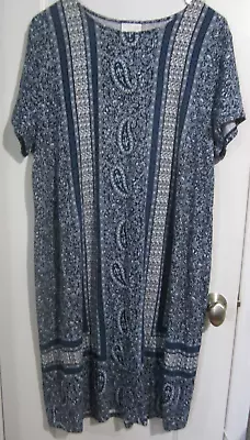 J Jill Large Comfy Dark Blue & White Print Knit Dress Mid Length • $15