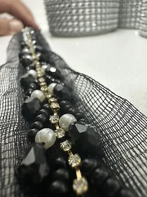 1yd Black Who Pearl Crystal Diamante Beaded Lace Ribbon Dress Sewing TrimAppliqu • £4.50