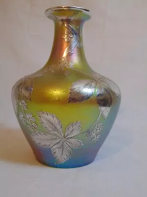 Muller Freres Loetz Silberiris Iridescent Art Glass Silver Overlay Vase Bottle • $750