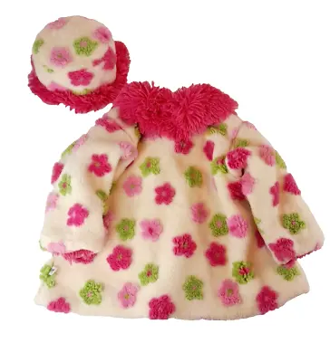 Corky & Co Swing Coat & Hat Girls 5/6X Pink Green 3D Flowers Jacket Outerwear • $32.99