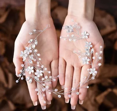 Bridal Wedding Hair Vines Flower Silver Crystal Pearl Sparkly Rhinestones Bride • £6.99