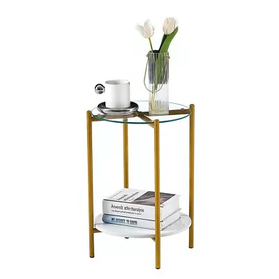 Elegant 2-Tier End Table W/ Tempered Glass & Marble Top • $59