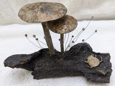 Handmade Artisan Charred Wood Base Metal Mushroom Sculpture With Little Frog • $67.50