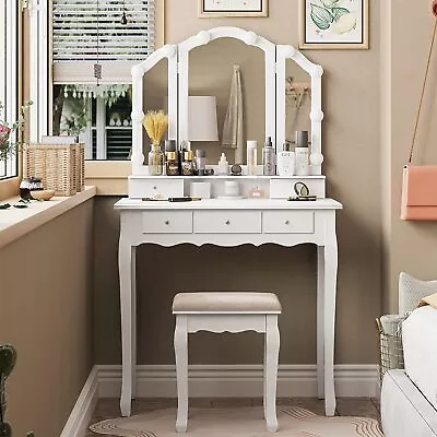 Vanity Table Set With Lighted Tri-Folding Mirror & Cushion Stool Makeup Desk New • $149.97