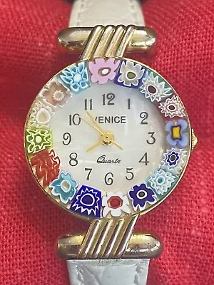 Ladies Venetiae Murano Millefiori Floral Glass Gold Tone Leather Band Watch G1 • $32