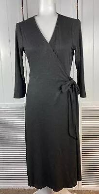 J. Jill Grey Knit Wrap Dress Ribbed Womens Small  3/4 Sleeve V-neck Career • $16.99