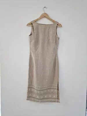 £21.99 • Buy Monsoon Dress UK 8 Beige 100% Linen Embroidered Sleeveless Shift Dress