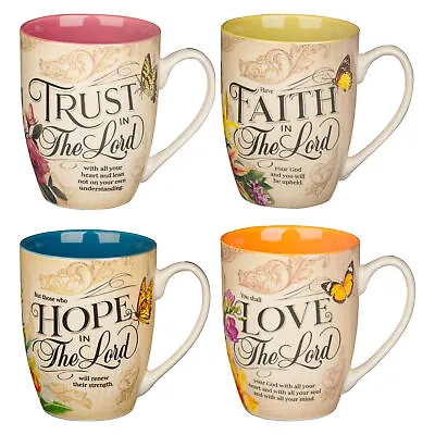 Novelty Floral Ceramic Scripture Coffee & Tea Mug Set: Hope Trust Faith Love • $23.99