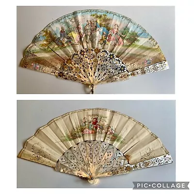 Antique FRENCH HAND PAINTED Paper FAN ETCHED MOTHER OF PEARL 1800s • $749.99