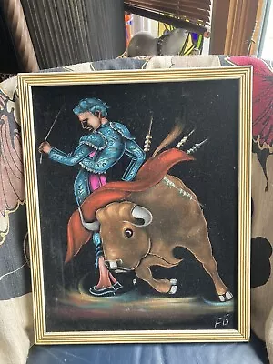 MCM Matador & Bull Painting On Velvet Signed FG 15  X 18 1/2  Blonde Frame • $45