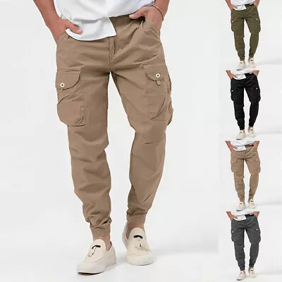 Men's Elasticated Waist Cargo Solid Combat Trousers Joggers Sporty Workout Pants • $24.19