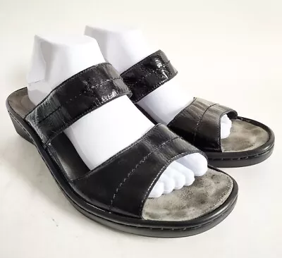 Mephisto Mobils Sandal 42 / 12 Air Relax Slip On Wedge Slide Black Leather Shiny • $39.99