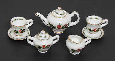 Miniature Tea Set Christmas Holly Gold Gilt 9 Piece Doll House Child Gift • $12