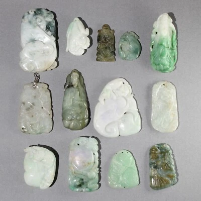 $22.50 • Buy 13Pc Vintage Chinese Carved Jadeite Jade Pendants Group Lot #6
