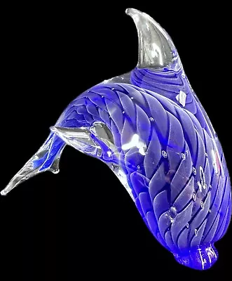 V. NASON Murano Fumato Blue & Clear Glass Leaping Dolphin Figurine 10  X 7.25  • $60