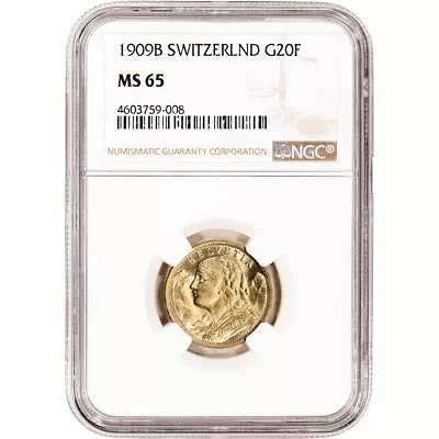 $572.84 • Buy 1909 B Switzerland Gold 20 Francs - NGC MS65