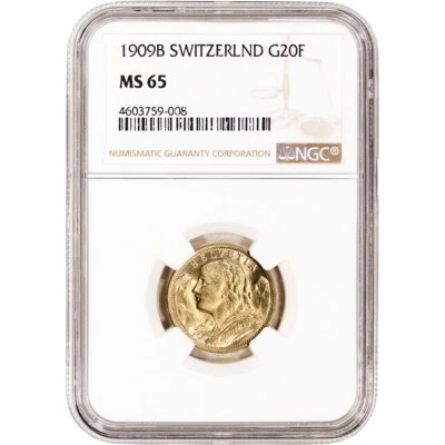 $572.84 • Buy 1909 B Switzerland Gold 20 Francs - NGC MS65