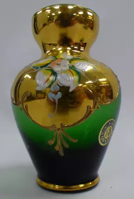 Murano Green Glass 11cm Vase 24kt Gold And Flower Decoration E22 P630 • £5.95