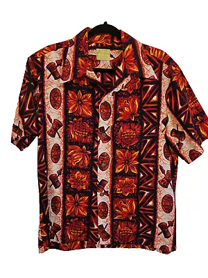 Vintage Ui Maikai Hawaiian Aloha Shirt Mens Size M Red Floral Mask Drums Tiki  • $69.99