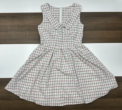 Vintage Womens L White Plaid Collared Lined Stretch Sleeveless Made In USA Dress • $25.19