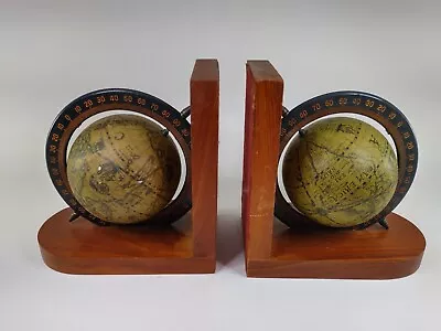 Vintage Pair Of  Wooden Old World Globe Bookends Globe Spins Antique Library • $11.99