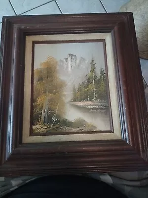 Artist Signed BROWN Vintage Oil Painting On Canvas AUTUMN FALL MOUNTAIN SNOW  • $15.62
