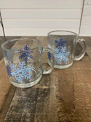 2 Vintage Libbey Clearly Winter Blue White Snowflake Glass Mugs Made In Usa • $25