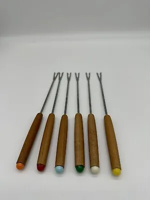 Vintage Fondue Forks MCM Wood Handles Stainless Set Of 6.  8 1/2 Inches Length • $14