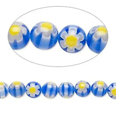 5881 Glass Round Beads Millefiori 6mm 15 Inch Blue Yellow Flower *UK EBAY SHOP* • £4.95