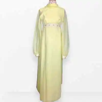 Vintage 60's Bridesmaid Dress Formal Yellow Empire Waist Gown Daisy Floral Maxi • $50
