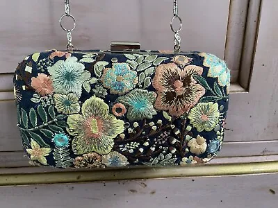 Zara Floral Embroidered Bead Embellished Box Clutch Bag MINAUDIÈRE  • £45