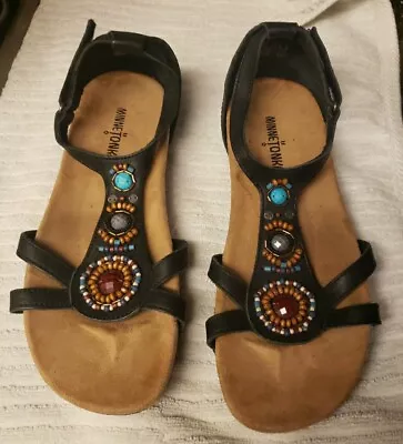 MINNETONKA Bayshore Black Leather Beaded Sandals Size 8 Ankle Strap - Pristine! • $24.95