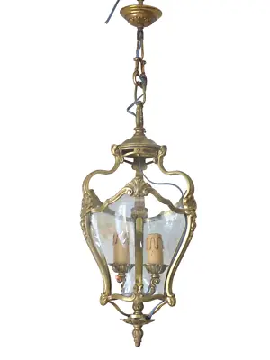 Charming Vintage French Hall Lantern Chandelier Ceiling Gilded Bronze Curved • £435.38