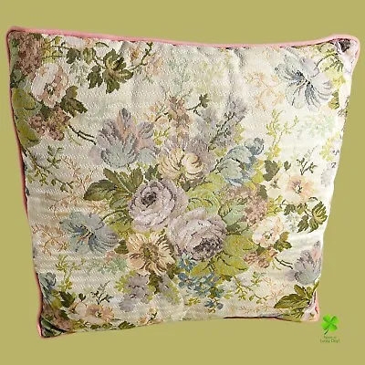 Vtg Roses Woven Tapestry Pillow Flowers Pink Satin Back CottageCore 16  • $15